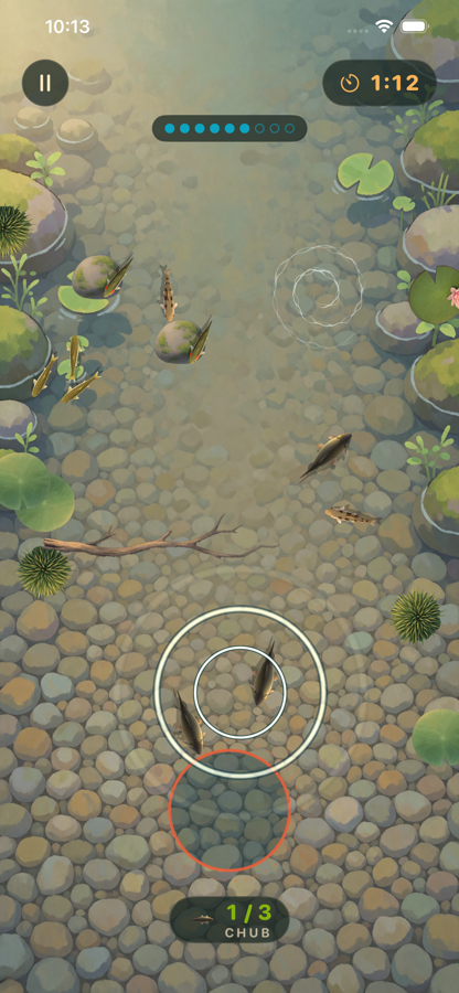 Brookwarden gameplay screen with fish near a pebble